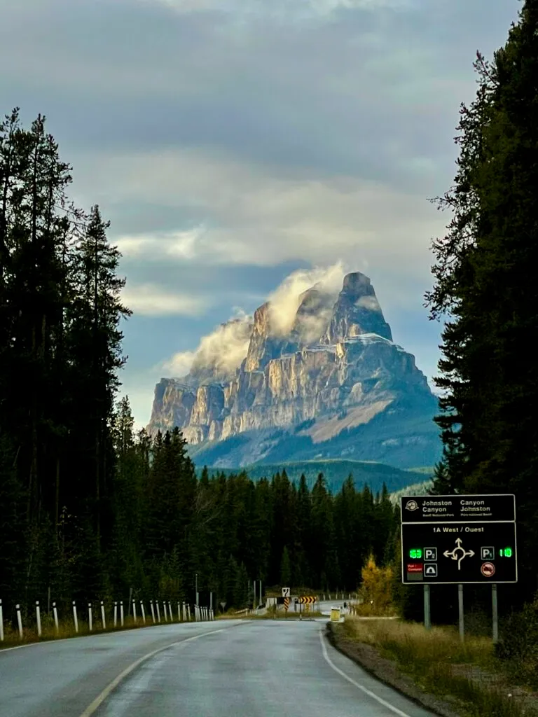 Mountain peak framed by coniferous forest along Johnston Canyon approach road in Banff.
