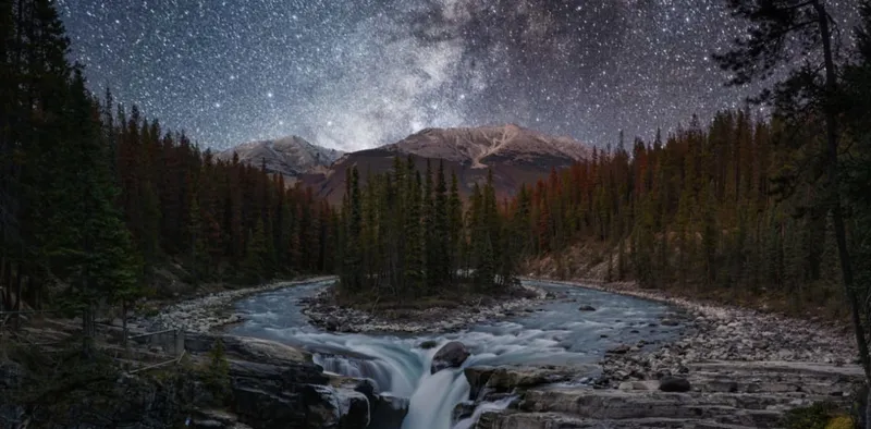 Milky Way arcs over coniferous forest, mountain peak, and rushing river near Sunwapta Falls Lodge.