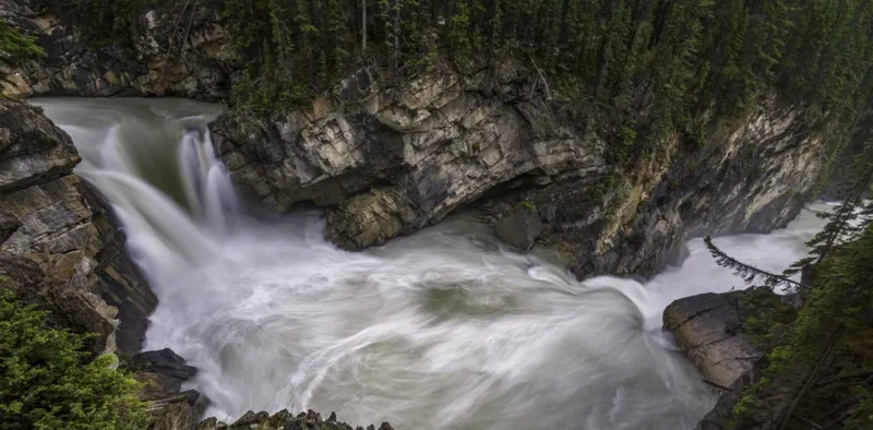 Sunwapta Falls cascade through rocky canyon carved by rushing turquoise glacial water and evergreen forest.